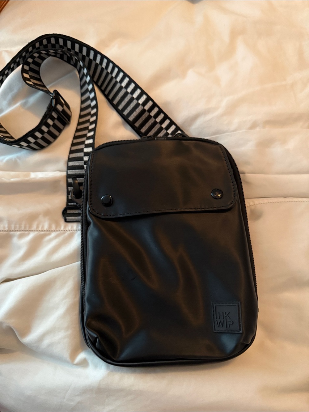 HKWP Black Crossbody Bag with Striped Adjustable Strap
